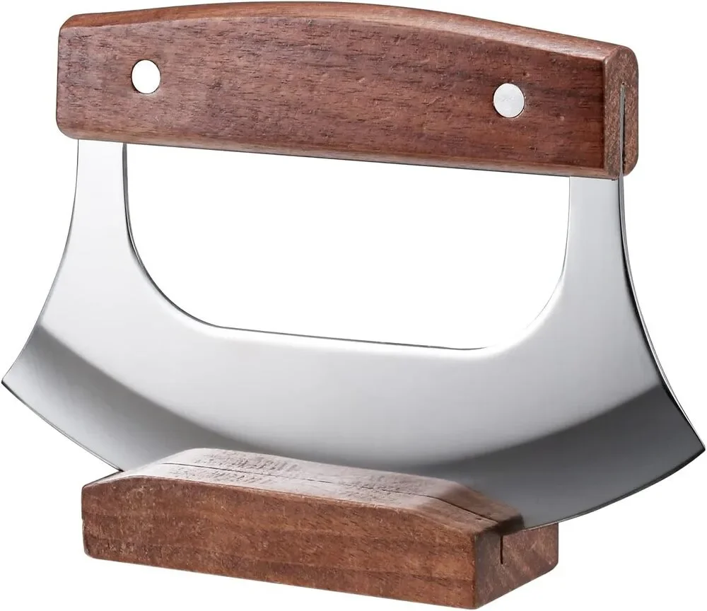 Sharp Rocker Mezzaluna Knife, Stainless Steel Blade, Walnut Wood Handle & Stand
